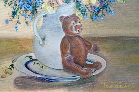 Pansies in a Jar Teddy Bear- Original Flowers Impressionism Oil on Canvas Painting Modern Original non Abstract for Children Home Decor Gift 15,8x15,8 in.(40x40 cm)