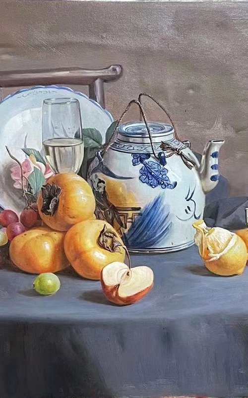 Still life:persimmons and China on the desk by Kunlong Wang