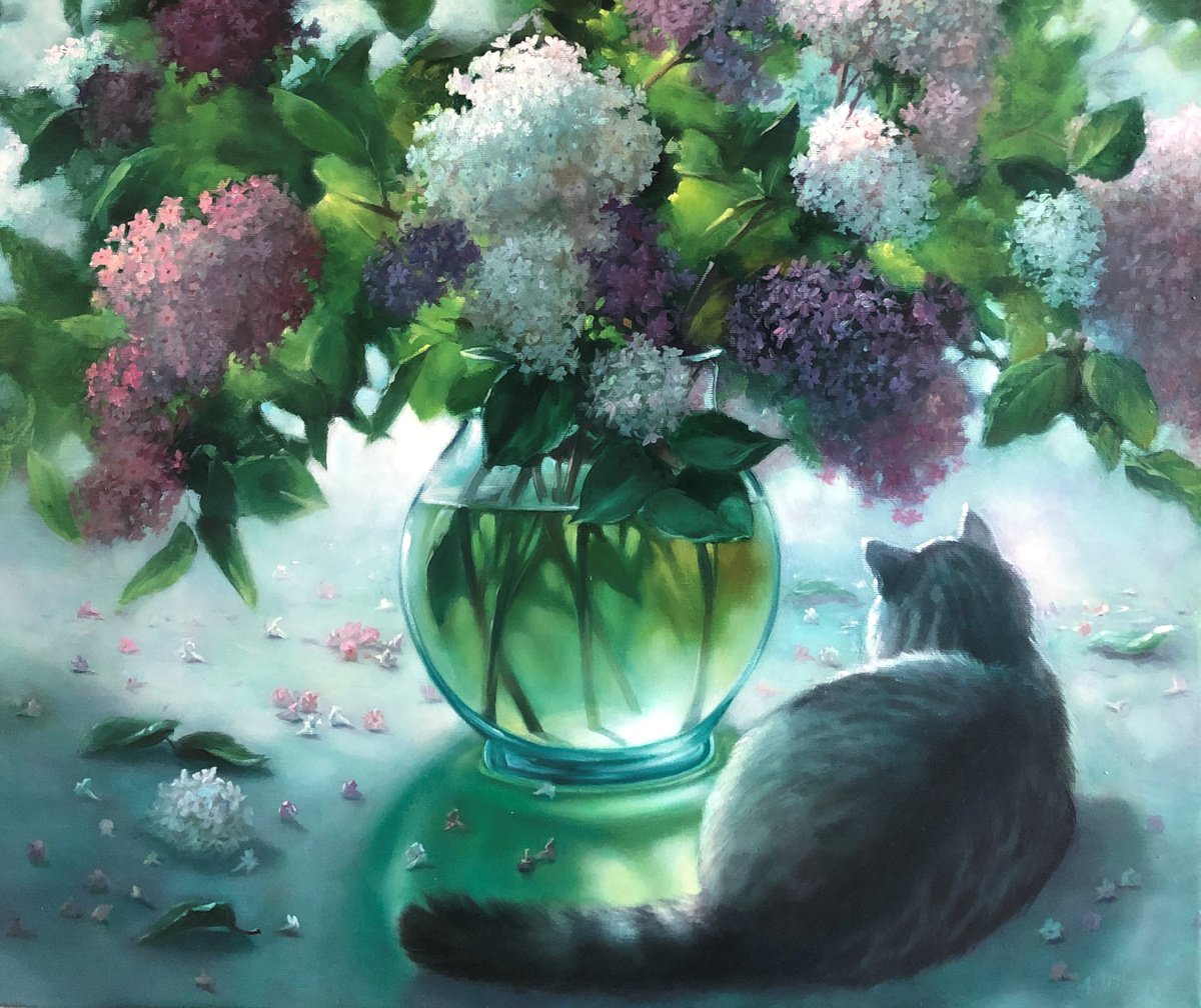 Cat and Lilac. by Alexander Mikhalchyk
