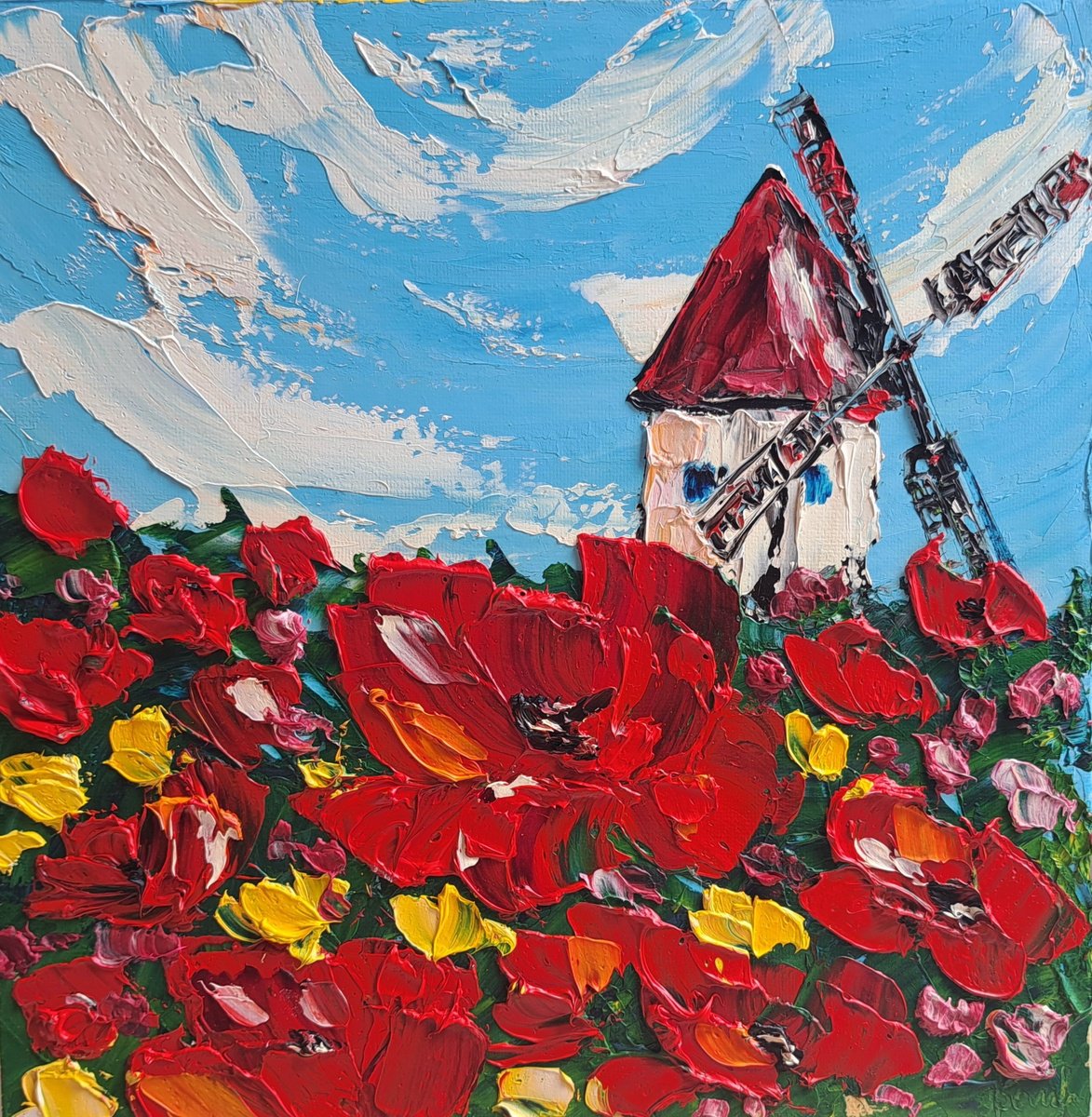 Impressionistic Landscape Oil Painting By Oksana Fedorova, 10 X 10", The Windmill And Poppies, Original Artwork