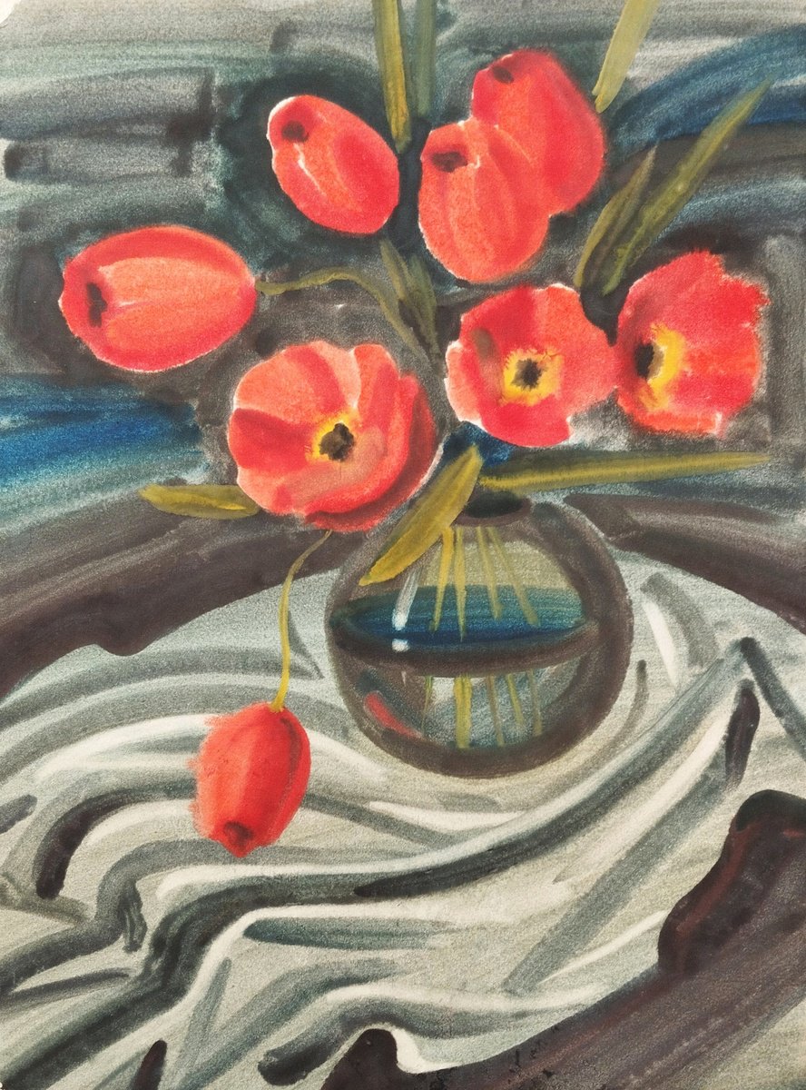 Impressionistic Botanical Watercolour By Liubov Palii, 20 X 28", Poppies, Original Artwork