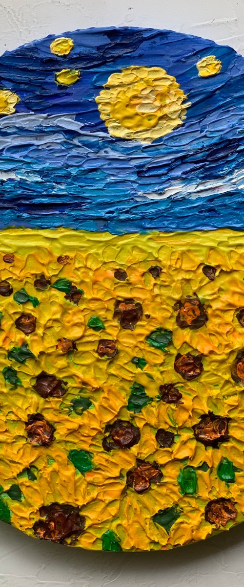Van Gogh starry night Sunflower field! Impasto painting on round canvas! Ready to hang by Amita Dand