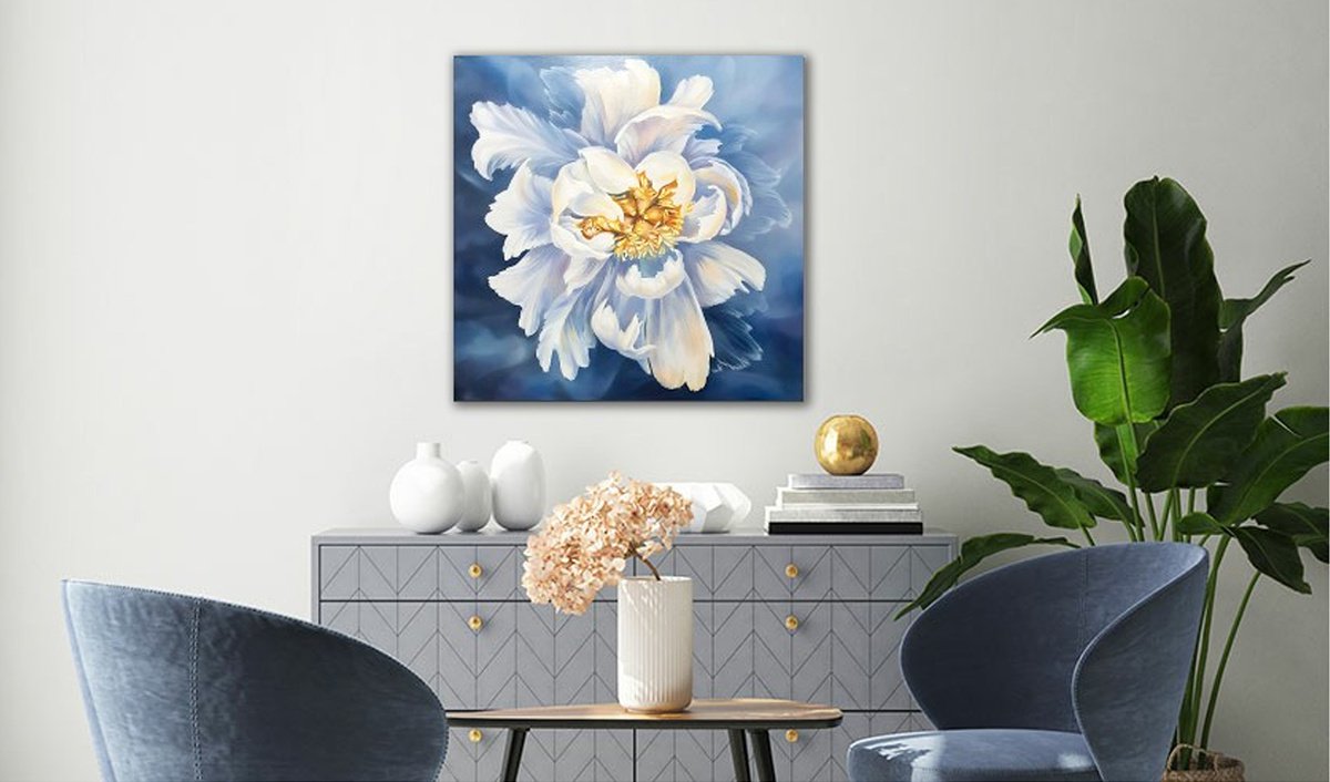 WONDERFUL DREAM - oil painting, 50/50, realism, white flower on blue by Elena Smurova