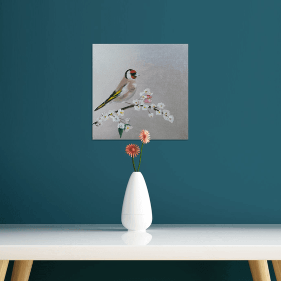 Goldfinch and Cherry Blossom on Silver