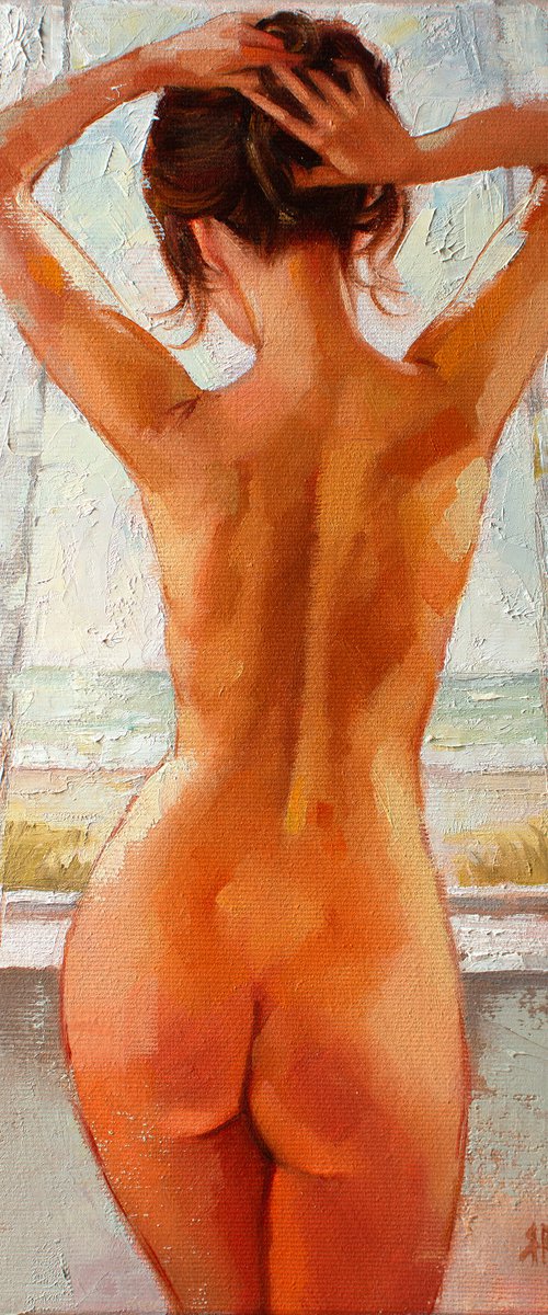 MORNING BY THE SEA #2 by Yaroslav Sobol  (Modern Impressionistic Romantic Beautiful Girl Oil painting Gift) by Yaroslav Sobol