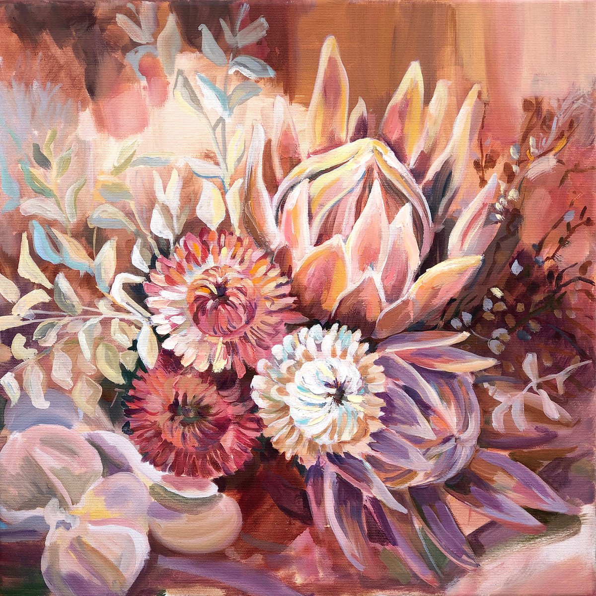 Impressionistic Giclee Print , Exotic Protea Bouquet . Limited Print By Momalyu, 28 X 28, Artwork For Sale On Artfinder