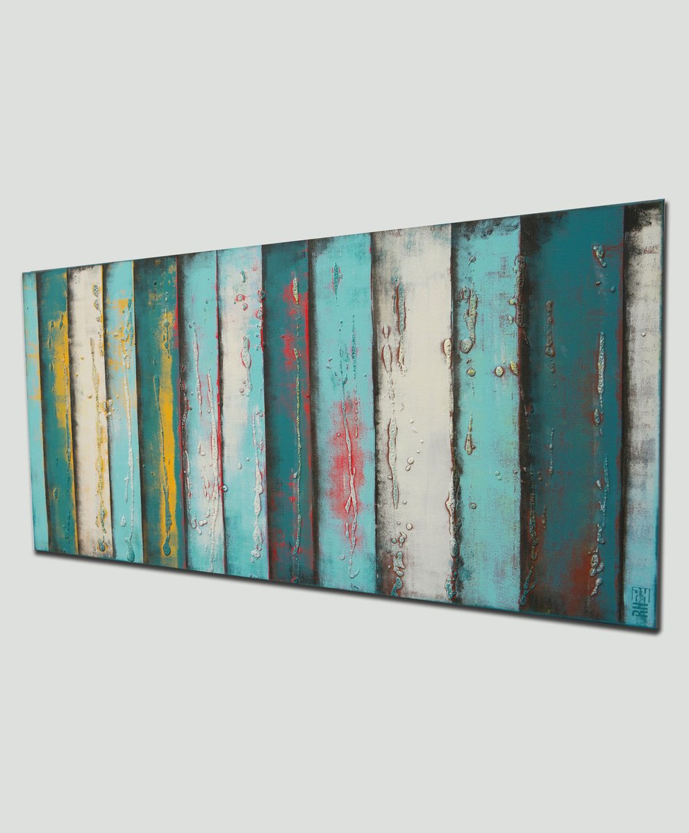 Abstract Acrylic Painting By Ronald Hunter, 55 X 28", Blue Panels, Original Artwork