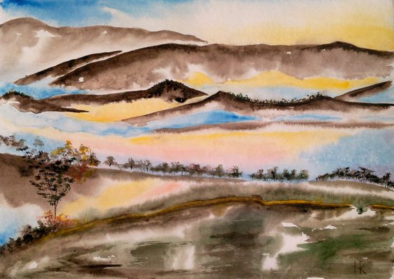 mountains landscape original watercolor painting wet on wet watercolor"Breath of Mountains"