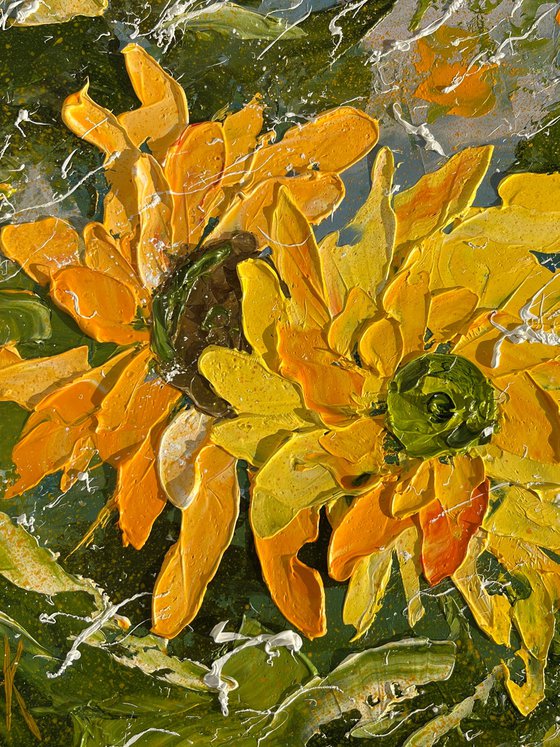 Sunflower Painting Floral Original Art Flower Small Oil Impasto Palette Knife Artwork 10 by 10 inches