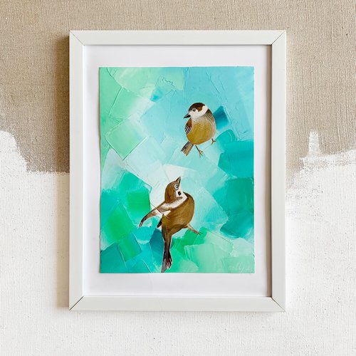 Painting "Sparrow conversation" / Birds painting / Birds in flight by Olha Gitman