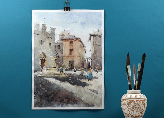Italian Old Village, Bevagna,  Watercolor Landscape