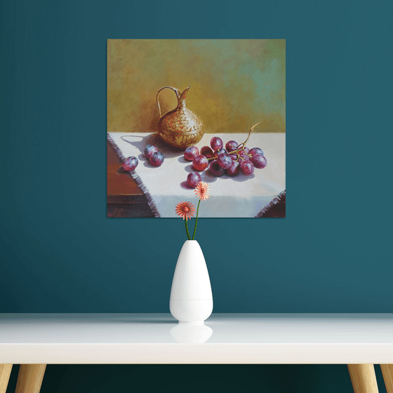 "Still life with grapes and an old brass jug." still life grapes old brass jug summer  liGHt original painting  GIFT (2020)