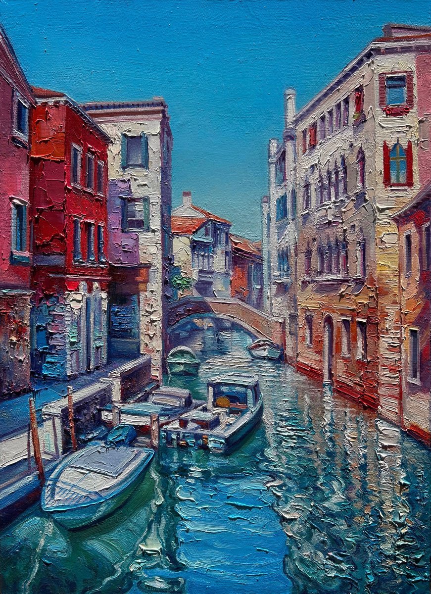 Impressionistic Cityscapes Oil Painting By Artem Grunyka, 20 X 28, Venetian Light, Original Artwork