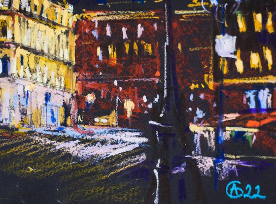 Night in Paris. Louvre Hotel. Medium oil pastel drawing bright colors France