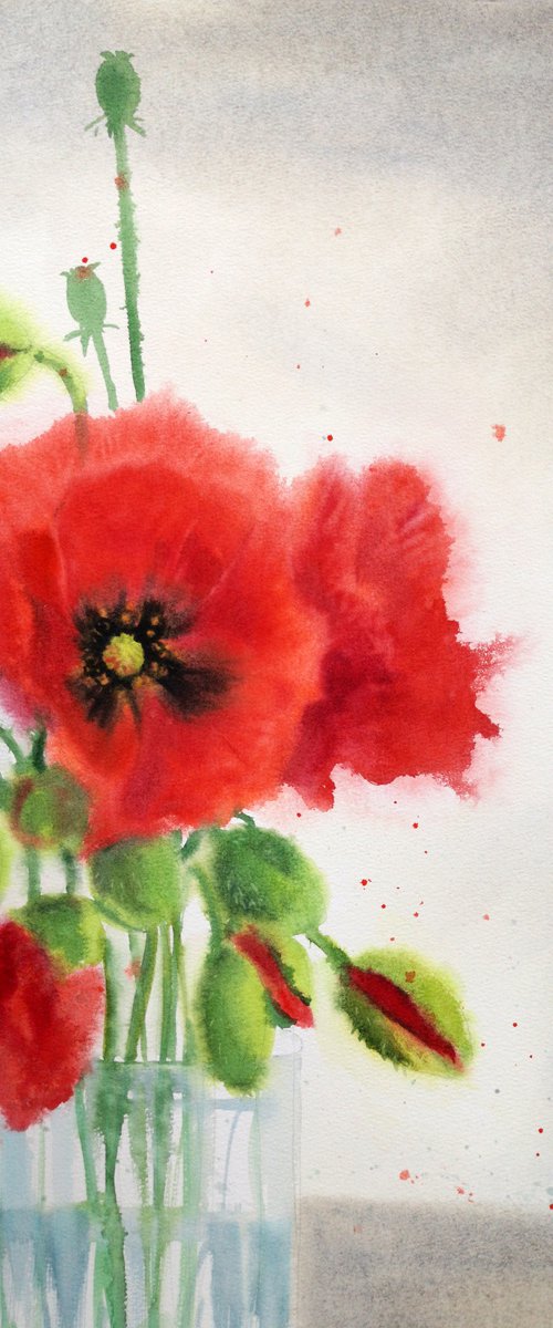Bouquet of red poppies - Red P by Olga Beliaeva Watercolour