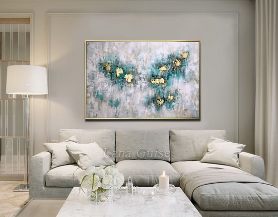 Mint Veil - Abstract Painting 60" x 40" Large Abstract Gold Leaf Soft Colors White Gray Painting