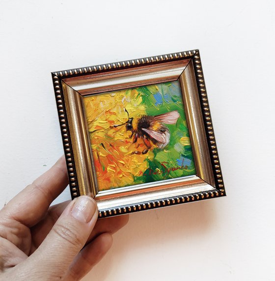 Bumblebee painting original 3x3, Bumble bee art tiny oil painting yellow green, Small framed art gift for girlfriend