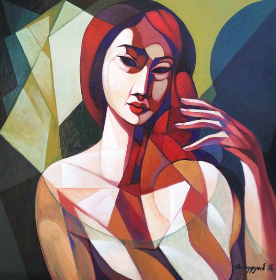 In front of the mirror (60x60cm, cubism, oil painting, ready to hang)