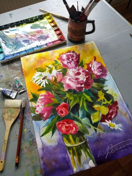 Red Peonies Flowers Loose Watercolor Bouquet Painting