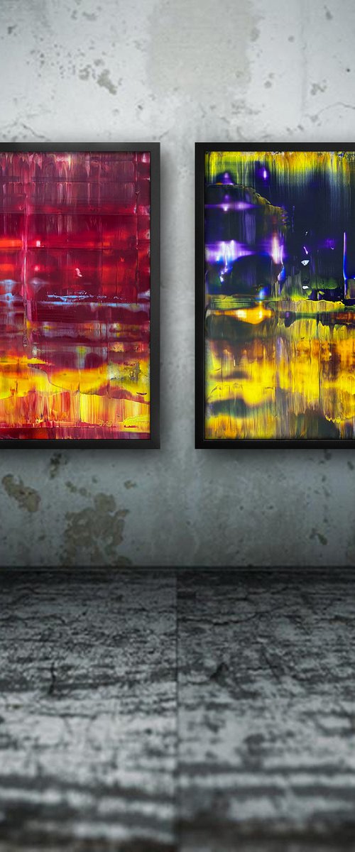 "The Bold And The Beautiful" - Save As A Series - Original PMS Abstract Diptych Oil Paintings On Plexiglass, Framed - 52" x 26" by Preston M. Smith (PMS)