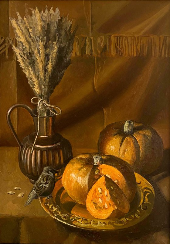 Still life with a sparrow and pumpkins