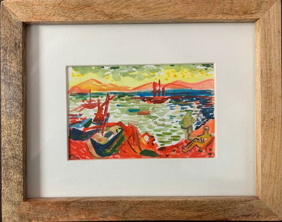 “Boats in the port of Collioure” quality natural wooden glazed framed miniature painting Homage to Andre Derain