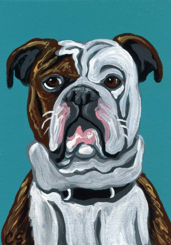 ACEO ATC Original Miniature Painting Olde English Bulldogge Pet Dog Art-Carla Smale