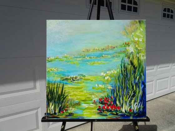 WATER LILY POND. WATER REFLECTIONS.  Modern Impressionism inspired by Claude Monet Water-lilies