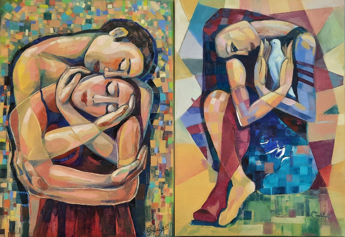 Expressive Portrait Oil Painting By Galya Koleva, 39 X 28, Blanco And The Love, Original Artwork