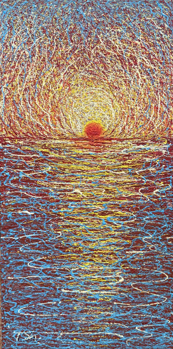 Impressionistic Landscape Acrylic Painting By Tina Shyfruk, 8 X 16", Golden Sunset, Original Artwork