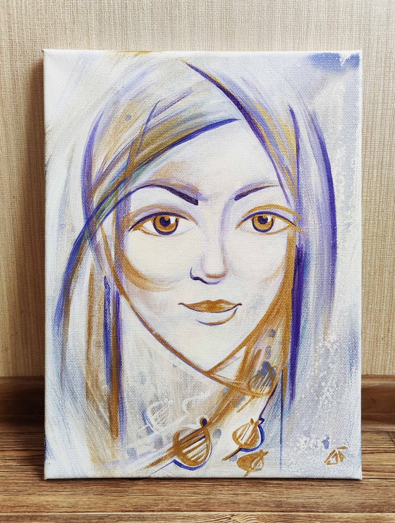 Giving the sun, faith, love and hope, lilak female portrait, modern art