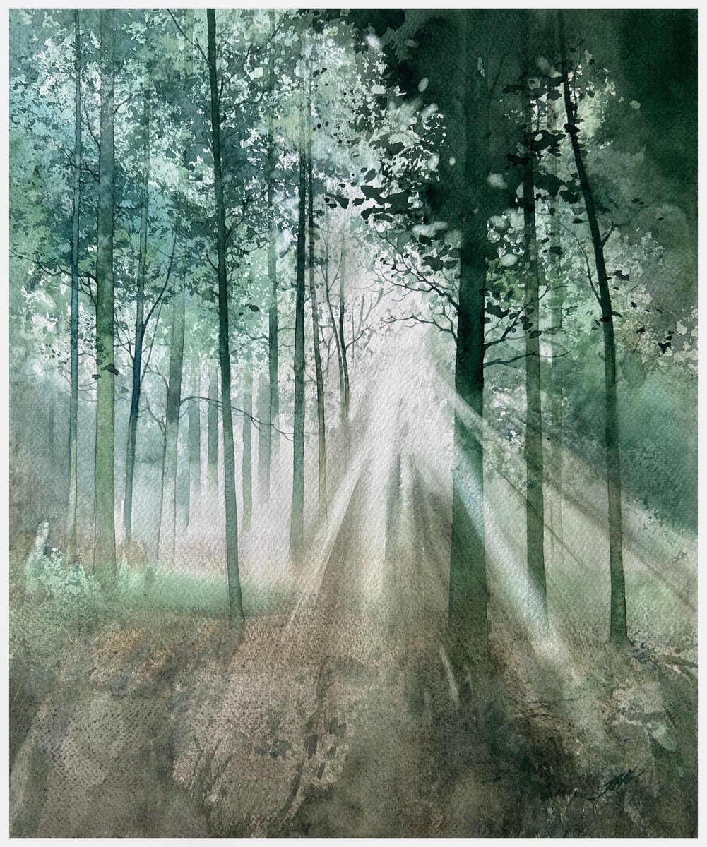 Impressionistic Landscape Watercolour By Nazar Grunyka, 14 X 17", Morning Forest, Original Artwork