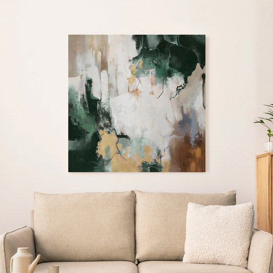 "Green Flood" Green gold brown abstract art