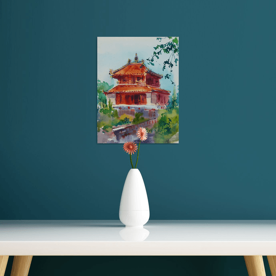 Watercolor landscape. Pagoda