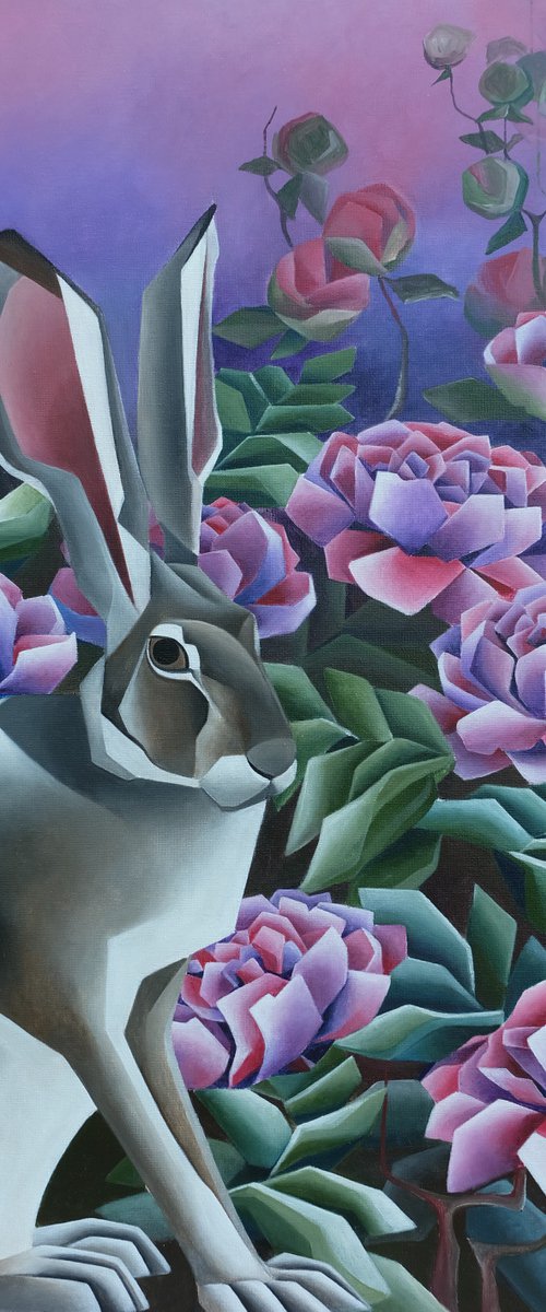 Hare in peonies by Kristina Saudinyte