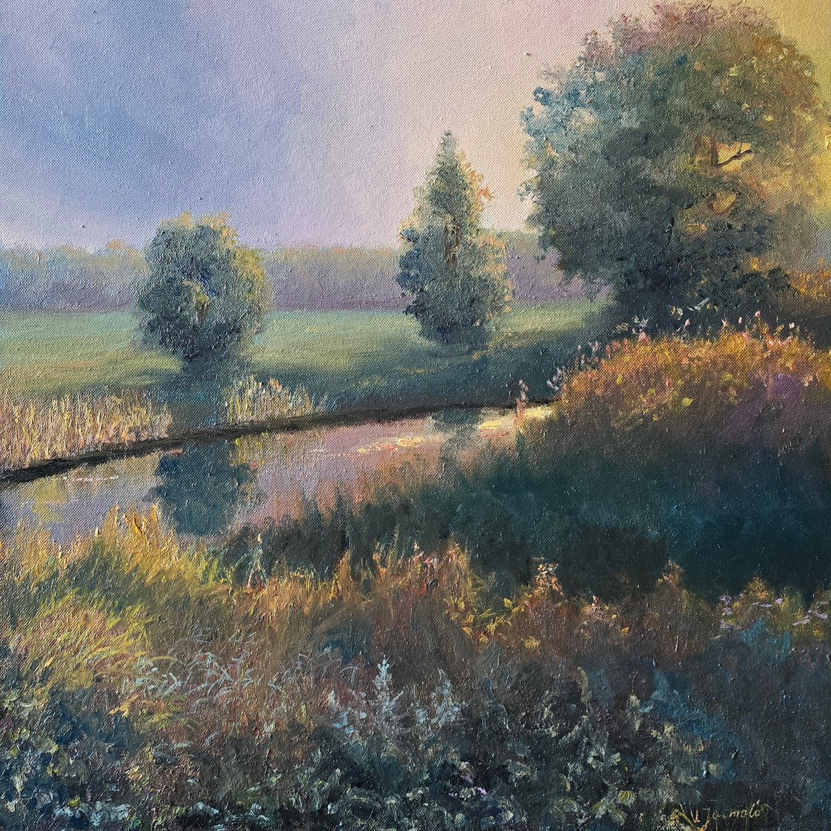 Impressionistic Landscape Oil Painting By Vladimir Jarmolo, 20 X 20", Morning, Original Artwork