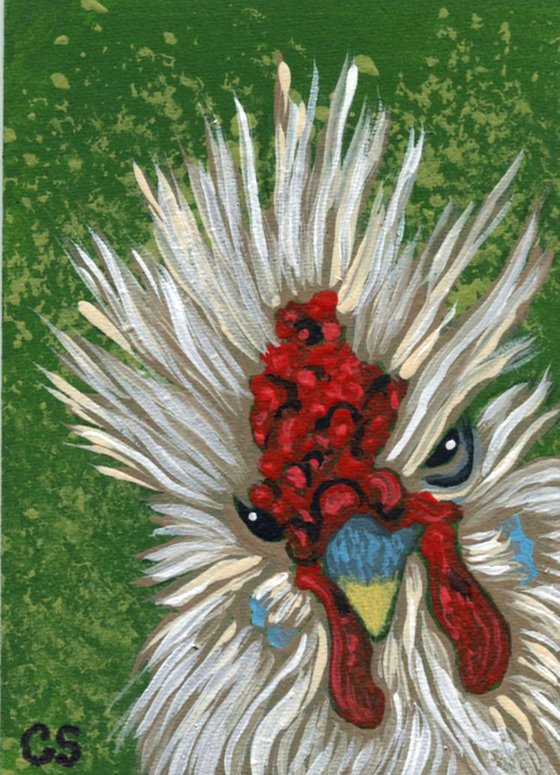 ACEO ATC Original Miniature Painting Fancy Chicken Bird Farmyard Art-Carla Smale