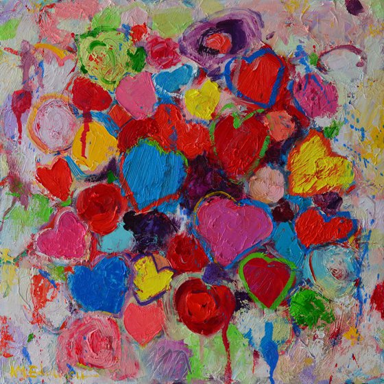 COLORFUL HEARTS AND FLOWERS - abstract expressionist palette knife oil painting