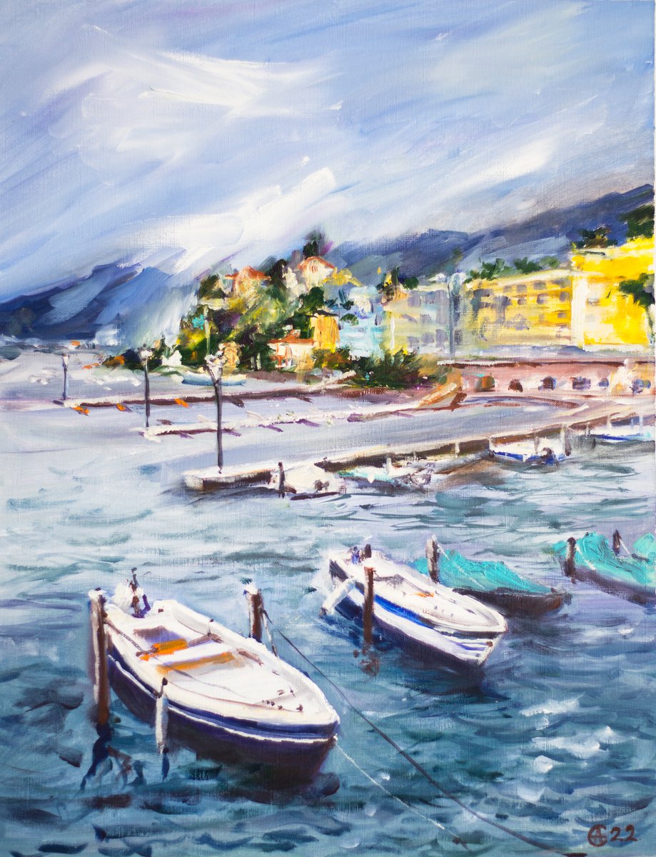 Ascona marina. Stormy weather in Swiss lake. Lago Magiore original oil painting switzerlan... by Sasha Romm