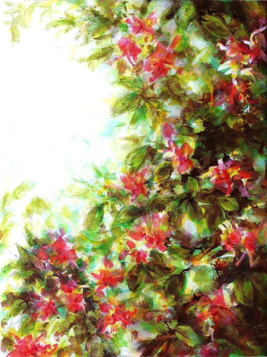 Impressionistic Botanical Acrylic Painting By Fabienne Monestier, 24 X 32, Red Flowers On Light, Original Artwork