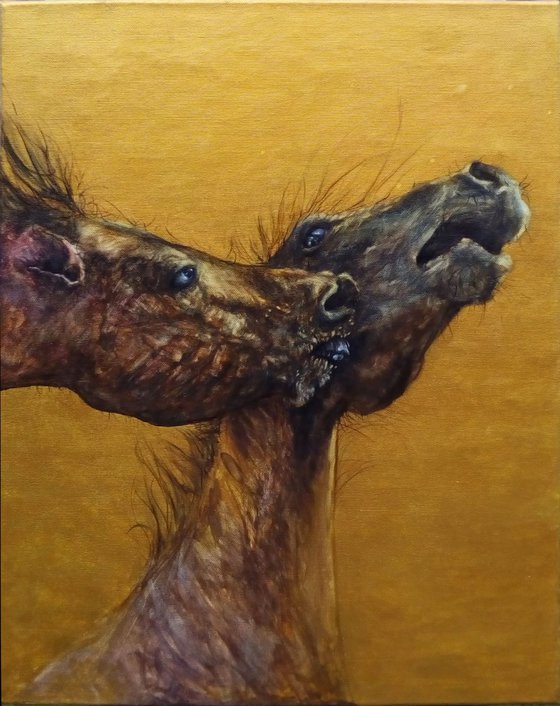 Painting from the series called HUMALS - horsefighting - varnished
