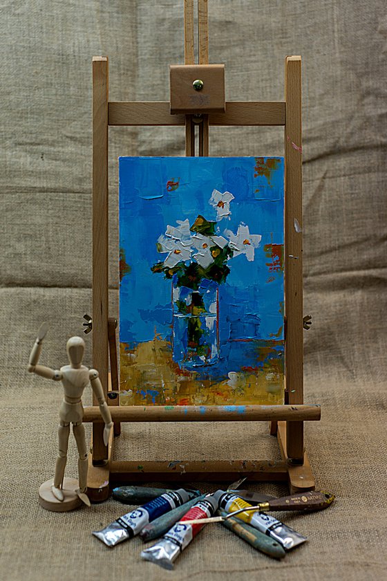 Still life  with flowers in vase. Small painting for gift