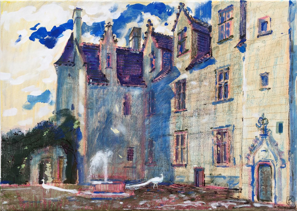 Impressionistic Landscape Acrylic Painting By Olga Kataeva-Rochford, 28 X 20", Rivau Castle At Sunset, Original Artwork