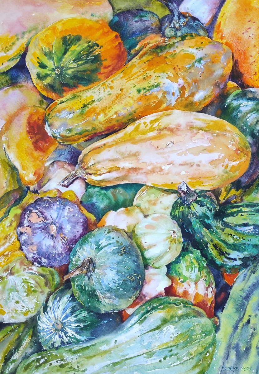 Autumn sweets - original watercolor painting, bright and pale colors, structure and textur... by Tetiana Borys