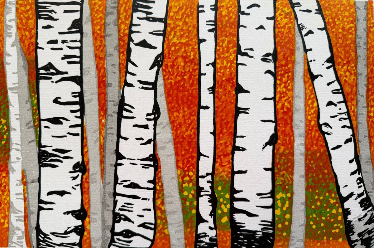 Illustrative Linocut , Autumnal Birches By Kirstie Dedman, 12 X 8, Artwork For Sale On Artfinder