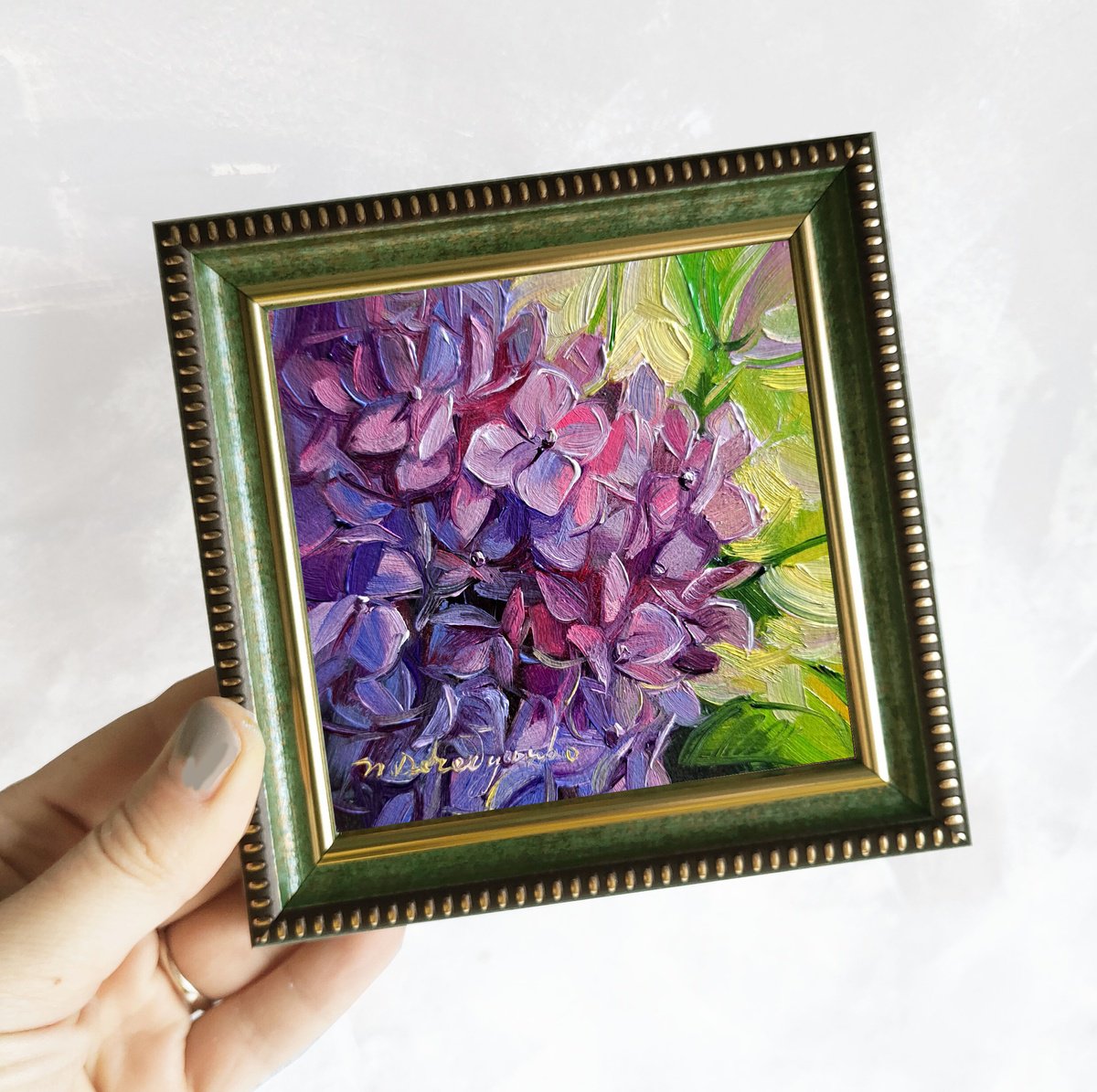 Hydrangea flowers oil painting original, Purple flower small painting framed by Nataly Derevyanko