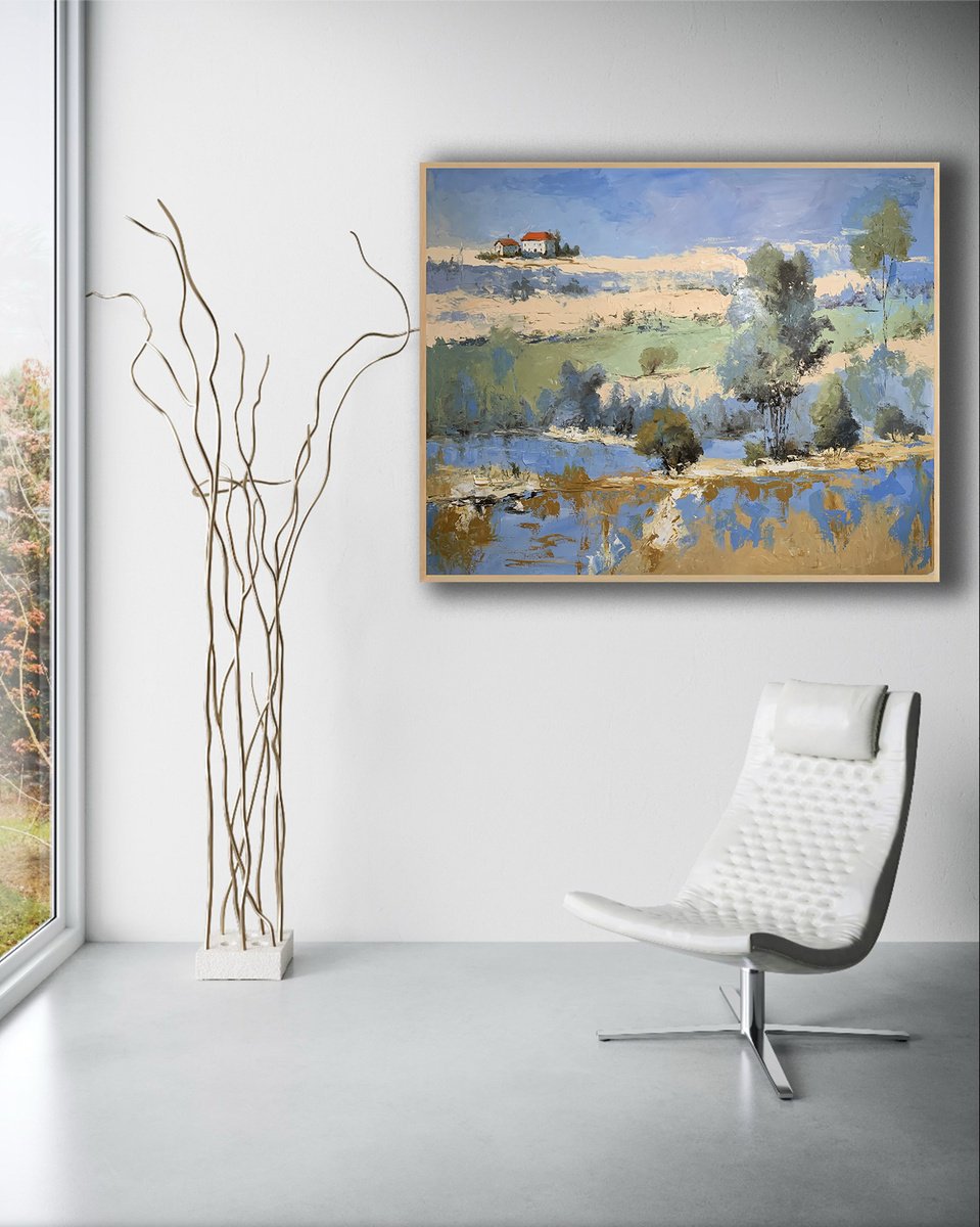 Expressive Landscape Oil Painting By Vita Schagen, 41 X 33", Tranquil Countryside,Warm., Original Artwork