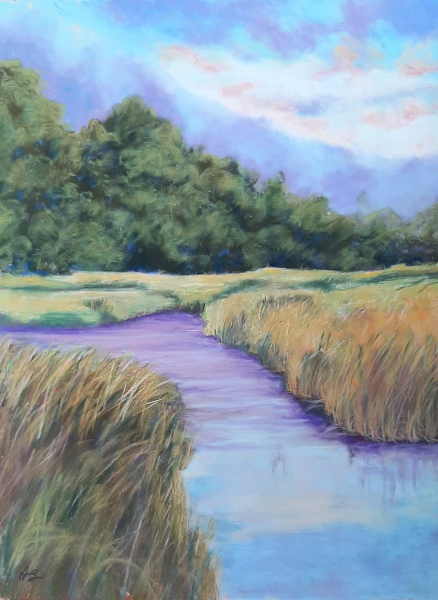 Impressionistic Landscape Pastel Drawing By Anne Shaughnessy, 12 X 16, Misty Morning, Original Artwork