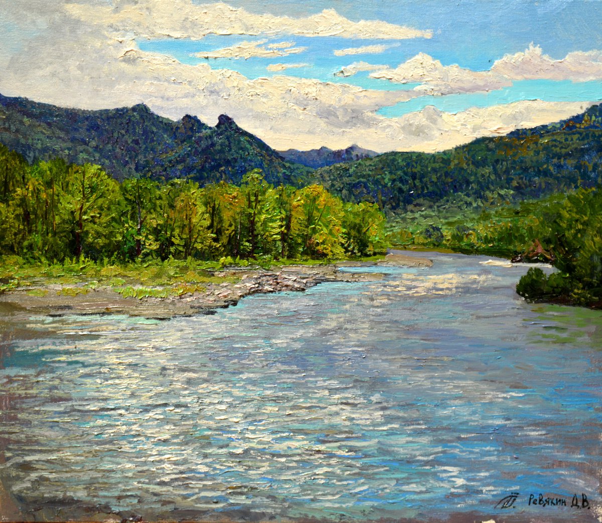 Signed painting mountain river by Dmitry Revyakin