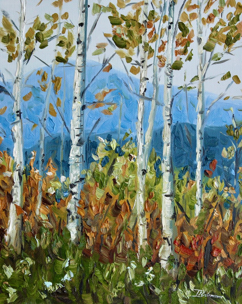 Impressionistic Landscape Oil Painting By Liza Illichmann, 9 X 12", Birch Trees, Original Artwork